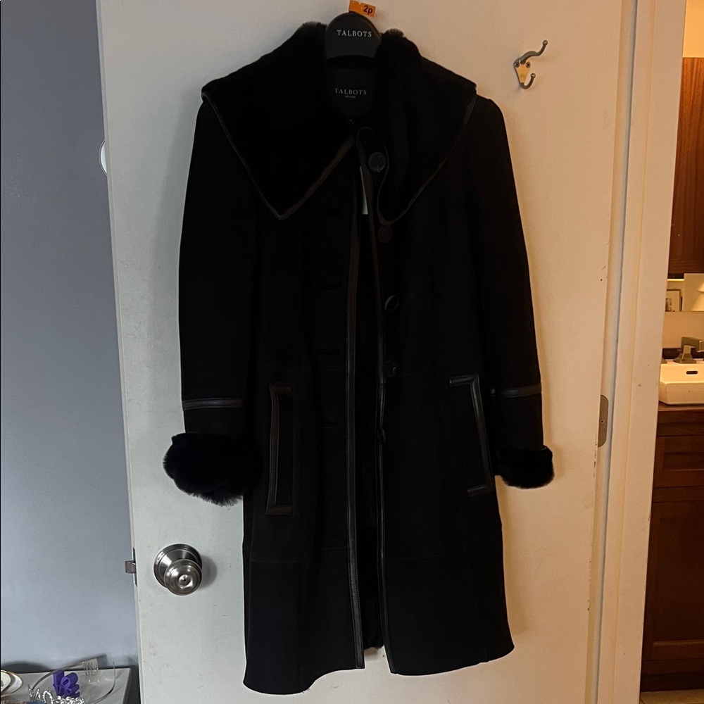 Talbots Dark Brown Suede Coat with Real Shearling Lining and Leather Trim.